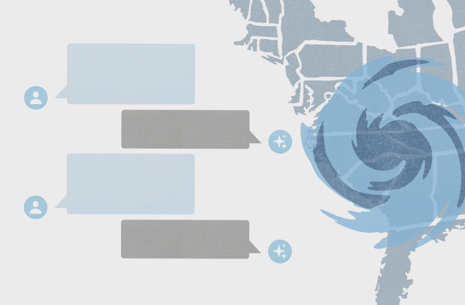 A digitally illustrated graphic featuring the United States map on the right with an overlay of polar winds, and on the left, a graphical representation of a text conversation.